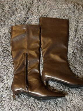 Current Mood Brown Mid-Calf Pointed-Toe Kitten Heel Boots